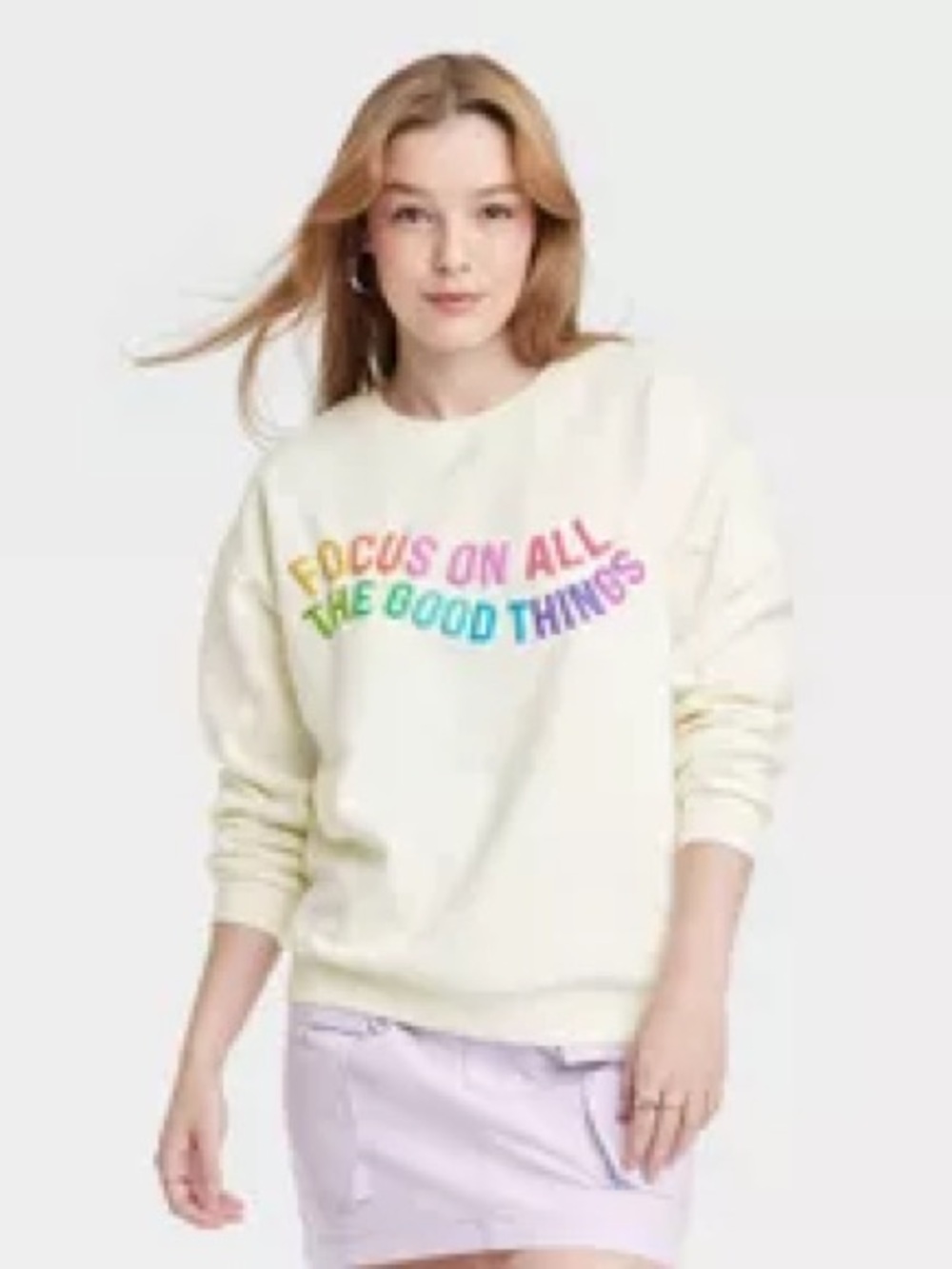White Crewneck Sweater with Rainbow "Focus On All The Good Things" Graphic